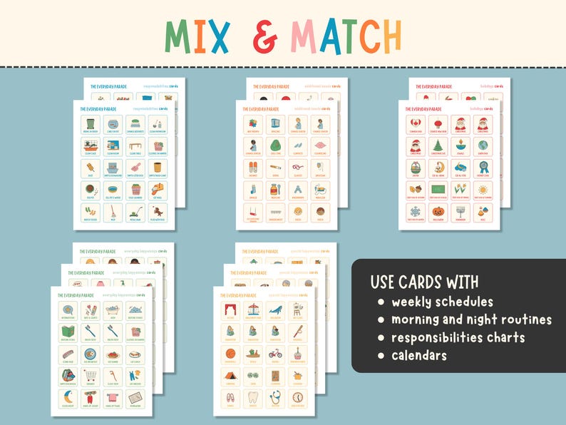 May include: Cards with illustrations of everyday activities, with the text "MIX & MATCH" at the top. The cards are designed to be used with weekly schedules, morning and night routines, responsibility charts, and calendars.