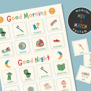 May include: A colorful, illustrated daily routine chart with the words "Good Morning" and "Good Night." The chart includes images for various activities like brushing teeth, getting dressed, and bedtime stories. A separate circle says "modular MIX & MATCH system."