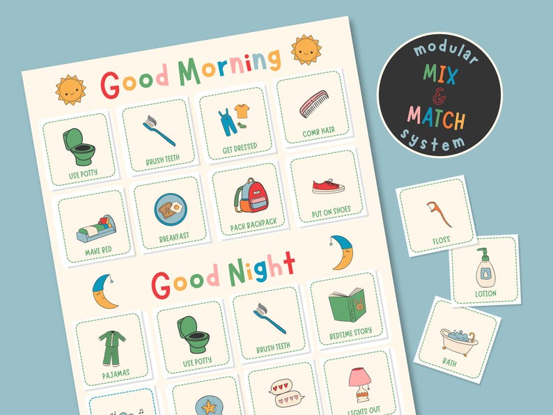 May include: A colorful, illustrated daily routine chart with the words "Good Morning" and "Good Night." The chart includes images for various activities like brushing teeth, getting dressed, and bedtime stories. A separate circle says "modular MIX & MATCH system."
