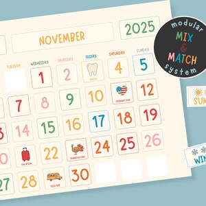 May include: A colorful November 2025 calendar with a modular mix and match system. The calendar includes dates, holidays, and seasonal icons. The text "modular MIX & MATCH system" is in a black circle.