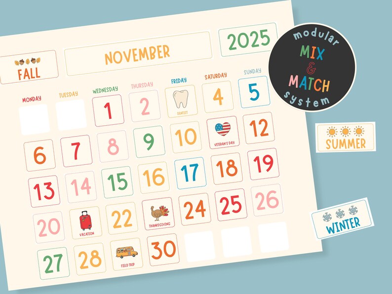 May include: A colorful November 2025 calendar with a modular mix and match system. The calendar includes dates, holidays, and seasonal icons. The text "modular MIX & MATCH system" is in a black circle.