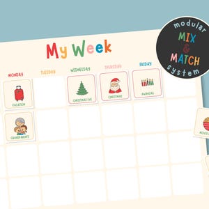 May include: A colorful weekly planner titled "My Week" with illustrated icons for various activities. Includes icons for haircut, vacation, Christmas Eve, Christmas, and Kwanzaa. A modular mix and match system is also shown.