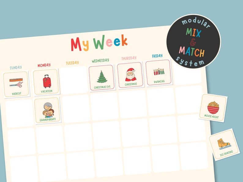 May include: A colorful weekly planner titled "My Week" with illustrated icons for various activities. Includes icons for haircut, vacation, Christmas Eve, Christmas, and Kwanzaa. A modular mix and match system is also shown.