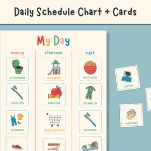 May include: A colorful daily schedule chart with the title "My Day" and illustrated cards. The chart is divided into morning, afternoon, and night sections, with corresponding activity cards. Additional cards for "Nap Time", "Play Time", and "Wash Hands" are also included.