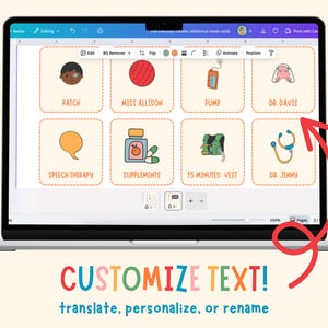 May include: A laptop screen displays illustrated cards with medical and therapy-related themes. Cards include images and text such as "Patch," "Speech Therapy," and "Supplements." The bottom of the screen shows the text "CUSTOMIZE TEXT! translate, personalize, or rename."