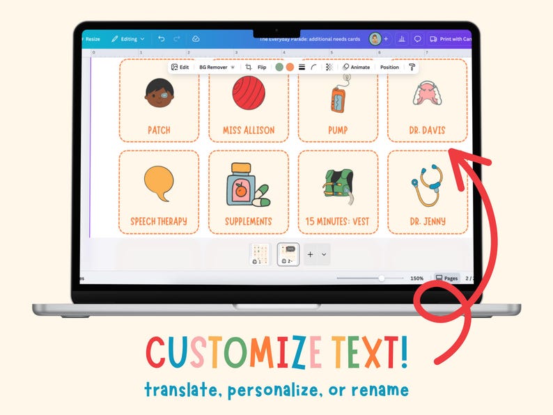 May include: A laptop screen displays illustrated cards with medical and therapy-related themes. Cards include images and text such as "Patch," "Speech Therapy," and "Supplements." The bottom of the screen shows the text "CUSTOMIZE TEXT! translate, personalize, or rename."