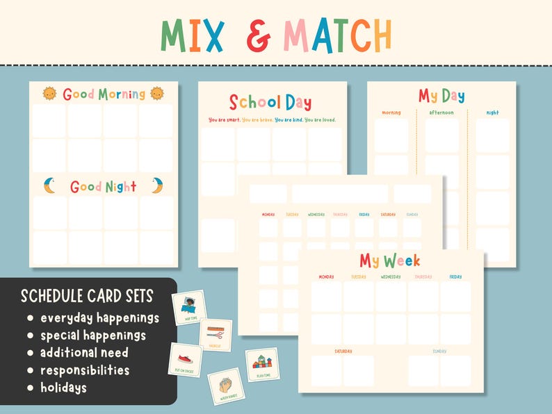 May include: A collection of colorful schedule card sets with the text "MIX & MATCH". The sets include "Good Morning", "Good Night", "School Day", "My Day", and "My Week" templates. Small illustrated cards are also included.