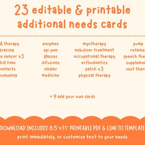 May include: An orange and cream-colored printable PDF with the text "23 editable & printable additional needs cards." The cards cover various therapies and needs, including ABA therapy, speech therapy, and physical therapy. The download includes an 8.5"x11" printable PDF.