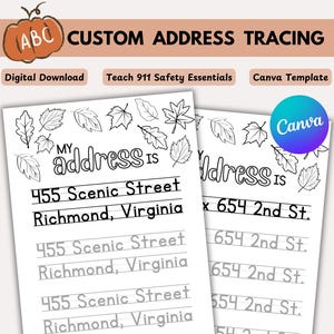 Puede incluir: Una hoja de trabajo imprimible con una actividad de trazado para que los niños practiquen la escritura de su dirección. La hoja de trabajo presenta un tema otoñal con hojas y el texto "Mi dirección es". La dirección es 455 Scenic Street, Richmond, Virginia.
