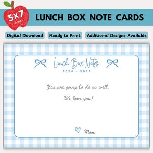 Cartões de notas para lancheira imprimíveis para crianças, mensagens prontas para imprimir da mãe na lancheira, notas diárias e afirmações para filho, escola, Blue Gingham