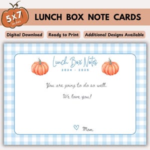 Druckbare Lunch Box Grußkarten für Kinder, sofort druckbare Lunchbox-Nachrichten von Mama, tägliche Notizen und Affirmationen für Kinder, Kürbis mit blauem Karomuster