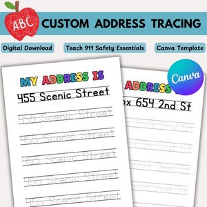 Puede incluir: Dos hojas de trabajo imprimibles para enseñar a los niños a escribir su dirección. La primera hoja de trabajo dice "Mi dirección es" y tiene la dirección "455 Scenic Street" escrita en la parte superior. La segunda hoja de trabajo dice "Dirección" y tiene la dirección "Apartado 654 2nd St" escrita en la parte superior. Ambas hojas de trabajo tienen líneas punteadas para trazar la dirección.