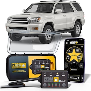 May include: A white SUV with a clear plastic cover, a black control module, and a smartphone displaying the "PEDAL COMMANDER" app. The control module has buttons and LED indicators. The smartphone shows "SPORT+" and "Bluetooth".