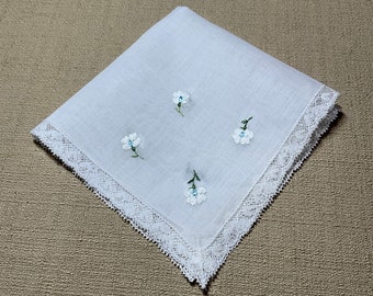 Antique White Hanky with Embroidered Flowers and a Lace Edge Handkerchief Hanky Hankie