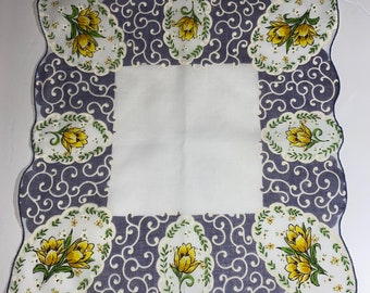 Vintage White Hanky with Yellow and Purple Flowers - Hankie Handkerchief