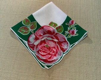 Vintage Green and White Hanky with Red Flowers - Hankie Handkerchief