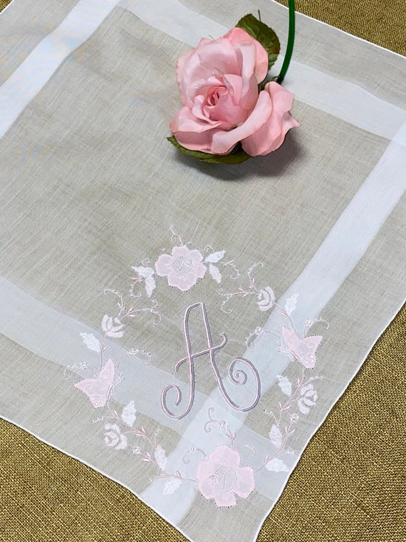 Vintage White Hanky with Pink Initial A Hanky - Ha