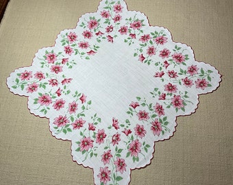 Vintage White Hanky with Pink and Red Flowers - Hankie Handkerchief