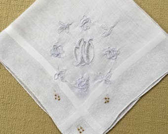 Vintage White Hanky with a  wet Pale Blue Initial N Hankie Handkerchief