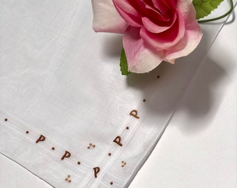 Vintage White Hanky with a Brown Initial P  - Hankie Handkerchief