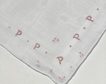 Vintage White Hanky with a pink Initial P  - Hankie Handkerchief