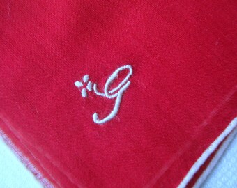 Vintage Red Hanky with a White Initial G Hankie Handkerchief