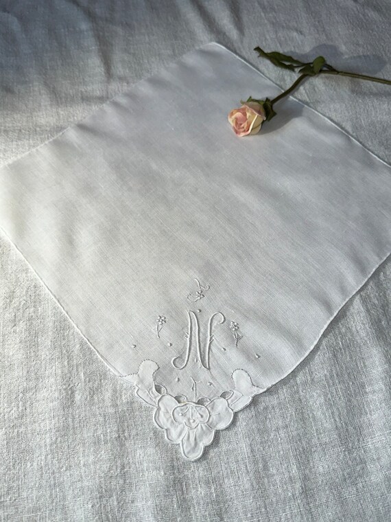 Vintage White Hanky with a White Initial N Hankie… - image 8