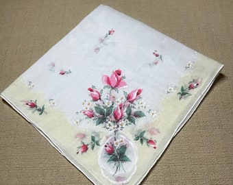 Vintage White Hanky with Pink Flowers - Hankie Handkerchief