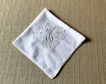 Vintage White Hanky with a White Initial M  - Hankie Handkerchief
