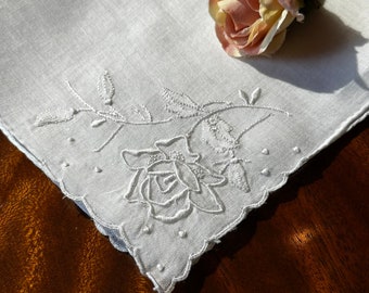 Vintage White Hanky with Hand Embroidered Flowers - Hankie Handkerchief