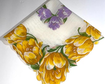 Vintage White Hanky with Yellow and Purple Flowers - Hankie Handkerchief