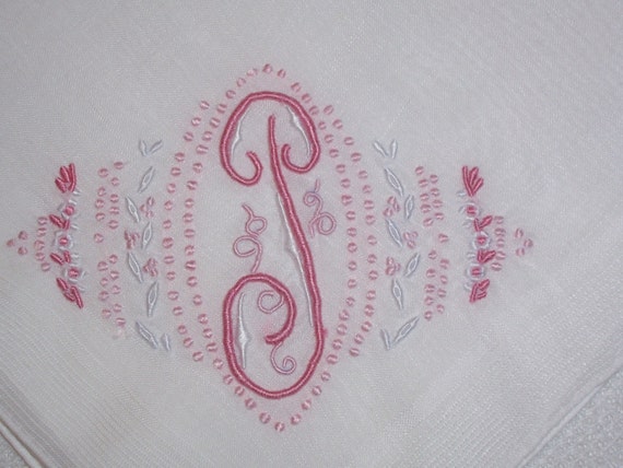 Vintage  White Hanky With a Pink Initial T - image 1