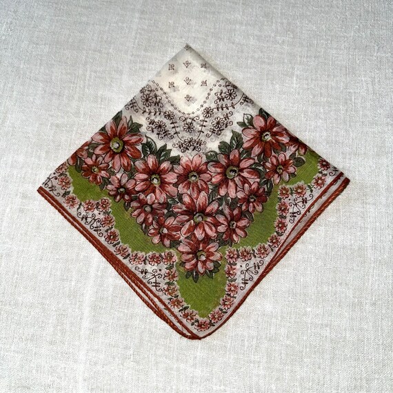 Vintage Handkerchief White Pink and Green with Pi… - image 6