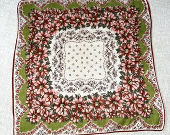 Vintage Handkerchief White Pink and Green with Pink Flowers Hanky