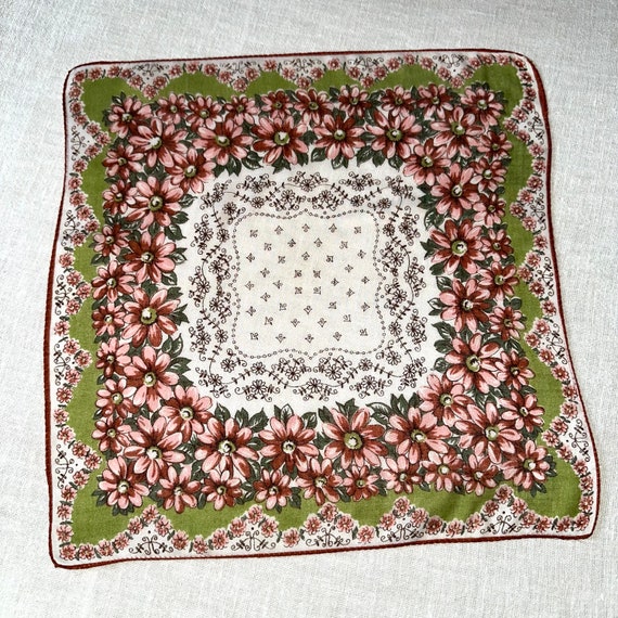 Vintage Handkerchief White Pink and Green with Pi… - image 1