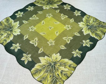 Vintage Green Hanky with Leaves - Hankie Handkerchief