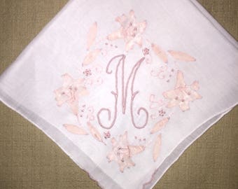 Vintage White Hanky with a Pink Initial M - Handkerchief Hankie