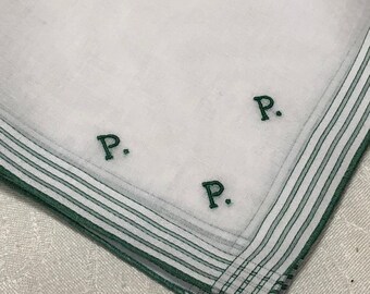 Vintage White Hanky with a Green Initial P - Hankie Handkerchief Bridal Weddin Gift Bridal Party