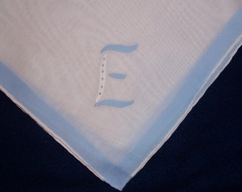 Vintage Hanky with a Something Blue Initial E - Hankie Handkerchief With Hand Embroidery