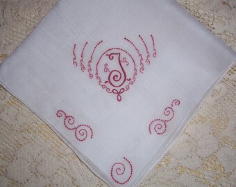 Vintage White Hanky With a Rose Initial I or J - Handkerchief Hankie