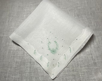 Vintage White Linen Hanky with Green Embroidery - Hankie Handkerchief Wedding Bridal Shower Gift Party