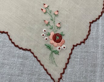 Antique Light Beige Hanky with Embroidered Flowers Handkerchief Hanky Hankie