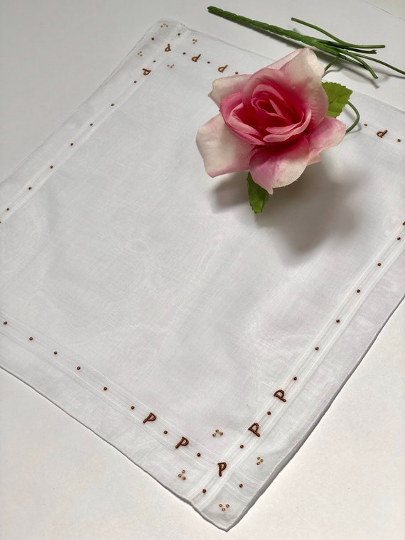 Vintage White Hanky with a Brown Initial P  - Han… - image 4