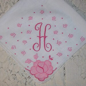 Vintage Hanky with a Pink initial H Hankie Handkerchief with Hand Embroidery image 2