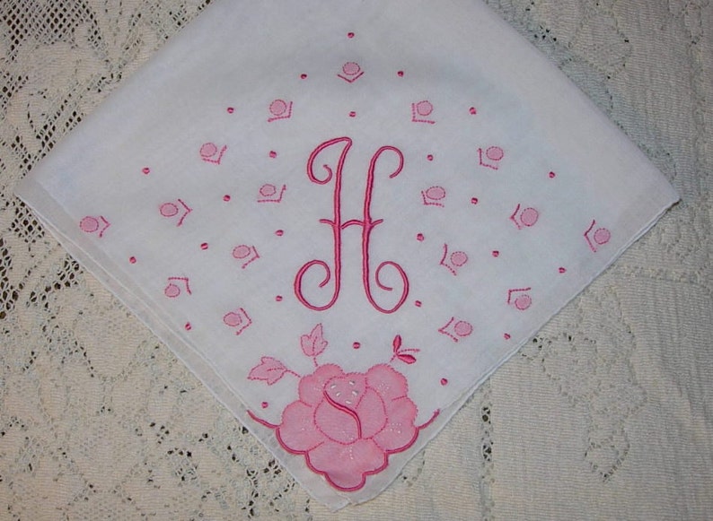 Vintage Hanky with a Pink initial H Hankie Handkerchief with Hand Embroidery image 2