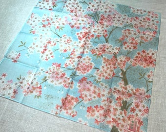 Vintage Japanese Pale Blue Handkerchief with Pink Flowers and Gold Specks