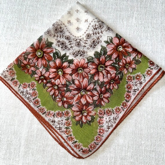 Vintage Handkerchief White Pink and Green with Pi… - image 5