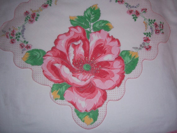 Vintage White Hanky with Red Flowers - Hankie Han… - image 1