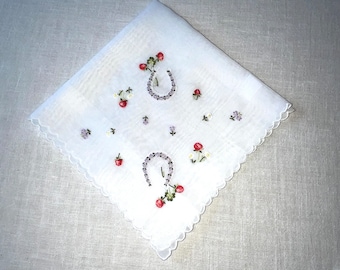 Vintage White Hanky with Embroidered Flowers Handkerchief Hanky Hankie