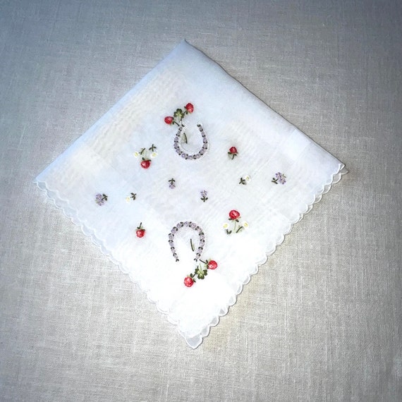 Vintage White Hanky with Embroidered Flowers Hand… - image 1